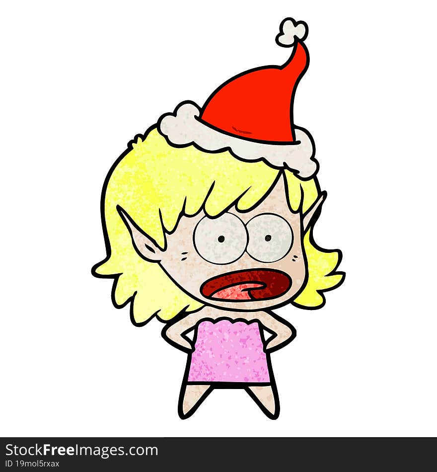 textured cartoon of a shocked elf girl wearing santa hat