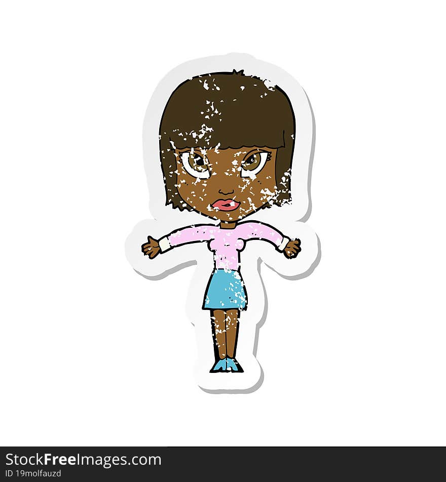 retro distressed sticker of a cartoon woman shrugging