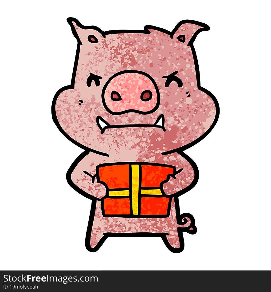 angry cartoon pig with christmas gift. angry cartoon pig with christmas gift