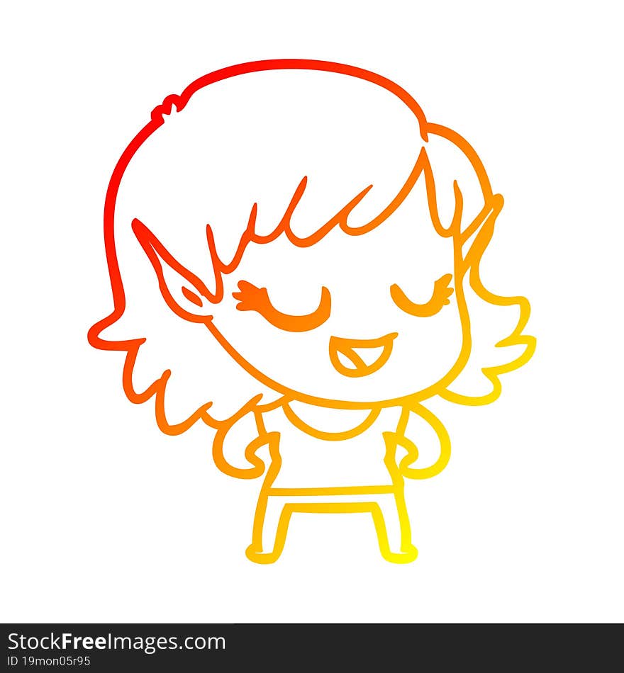 Warm Gradient Line Drawing Happy Cartoon Elf Girl