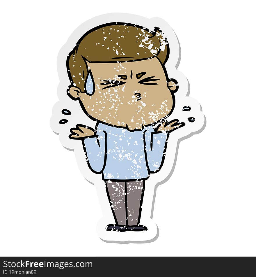 distressed sticker of a cartoon man sweating