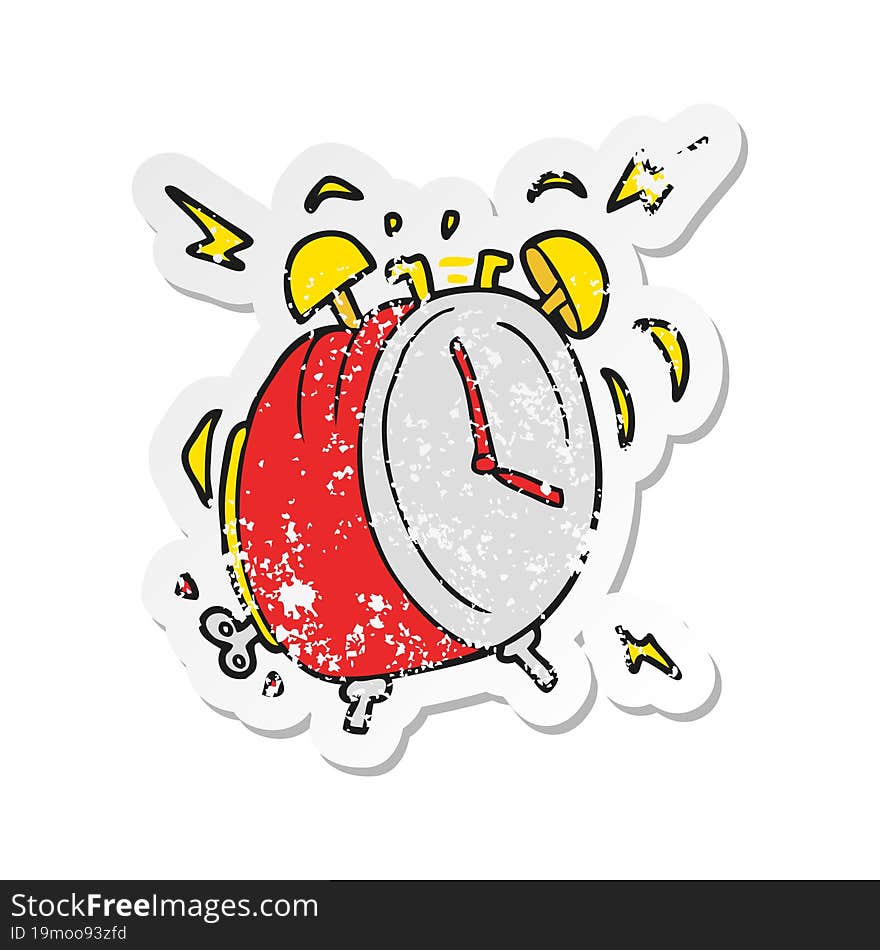 Retro Distressed Sticker Of A Cartoon Ringing Alarm Clock