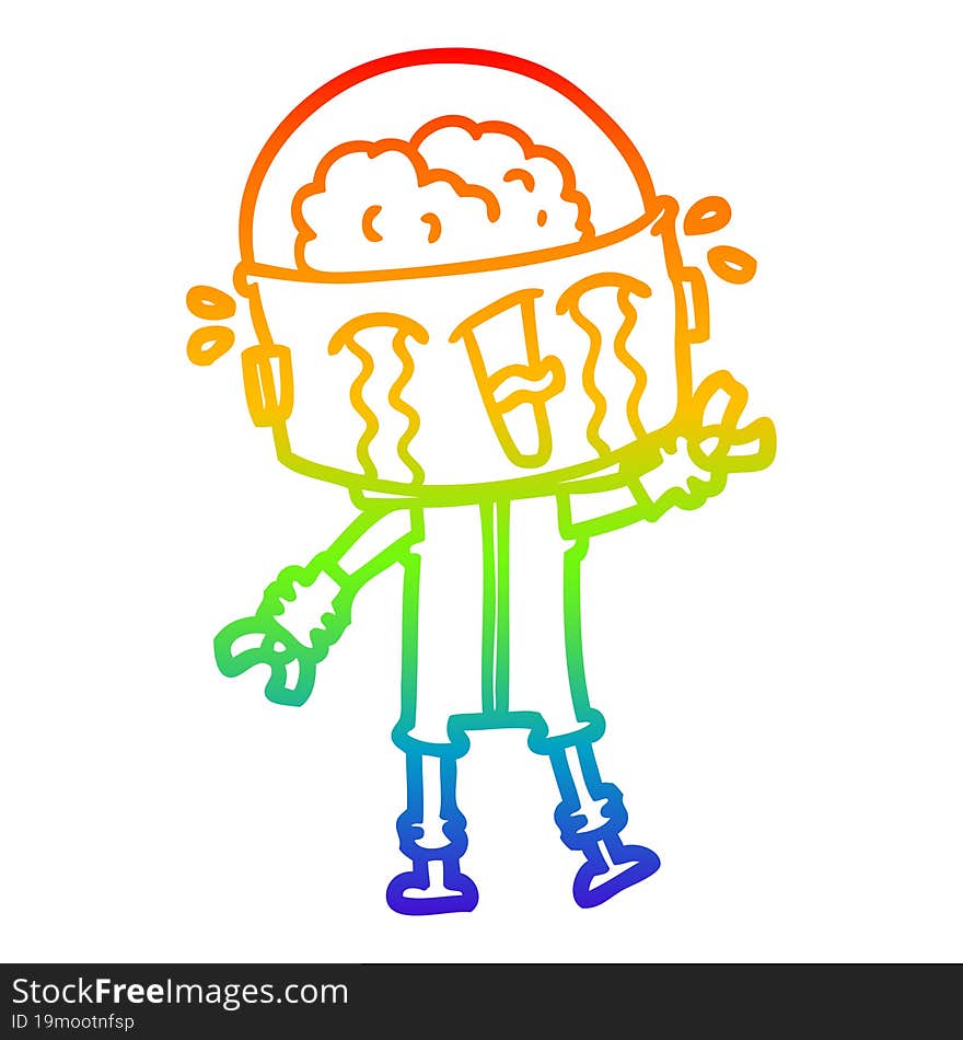 rainbow gradient line drawing cartoon crying robot waving