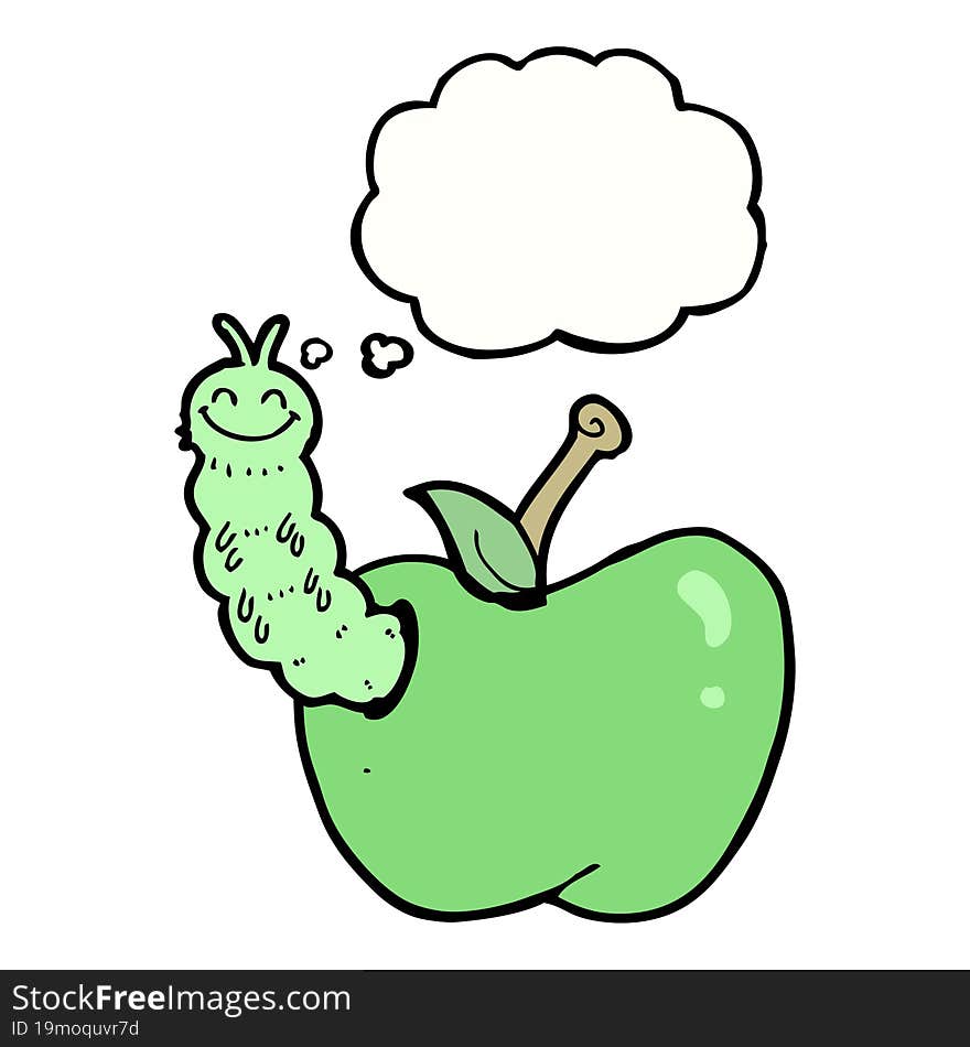 cartoon bug eating apple with thought bubble