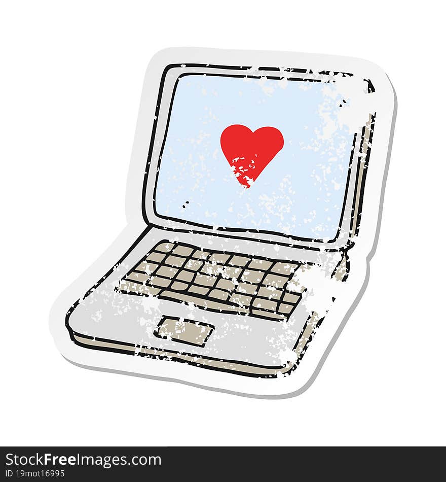 retro distressed sticker of a cartoon laptop computer with heart symbol on screen