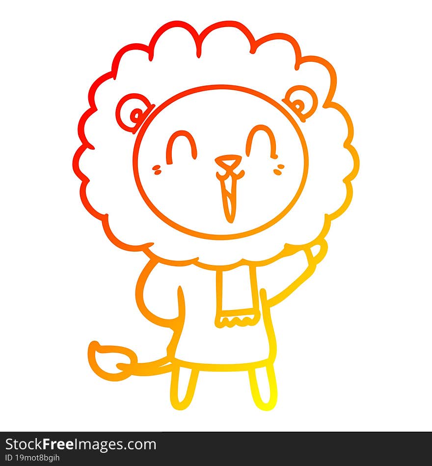 warm gradient line drawing of a laughing lion cartoon in winter clothes