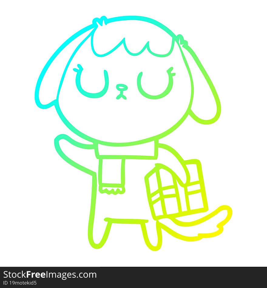 cold gradient line drawing cute cartoon dog with christmas present