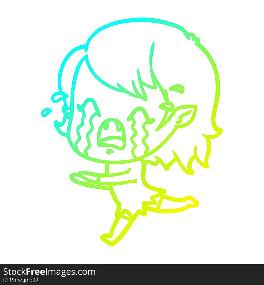 cold gradient line drawing cartoon crying vampire girl