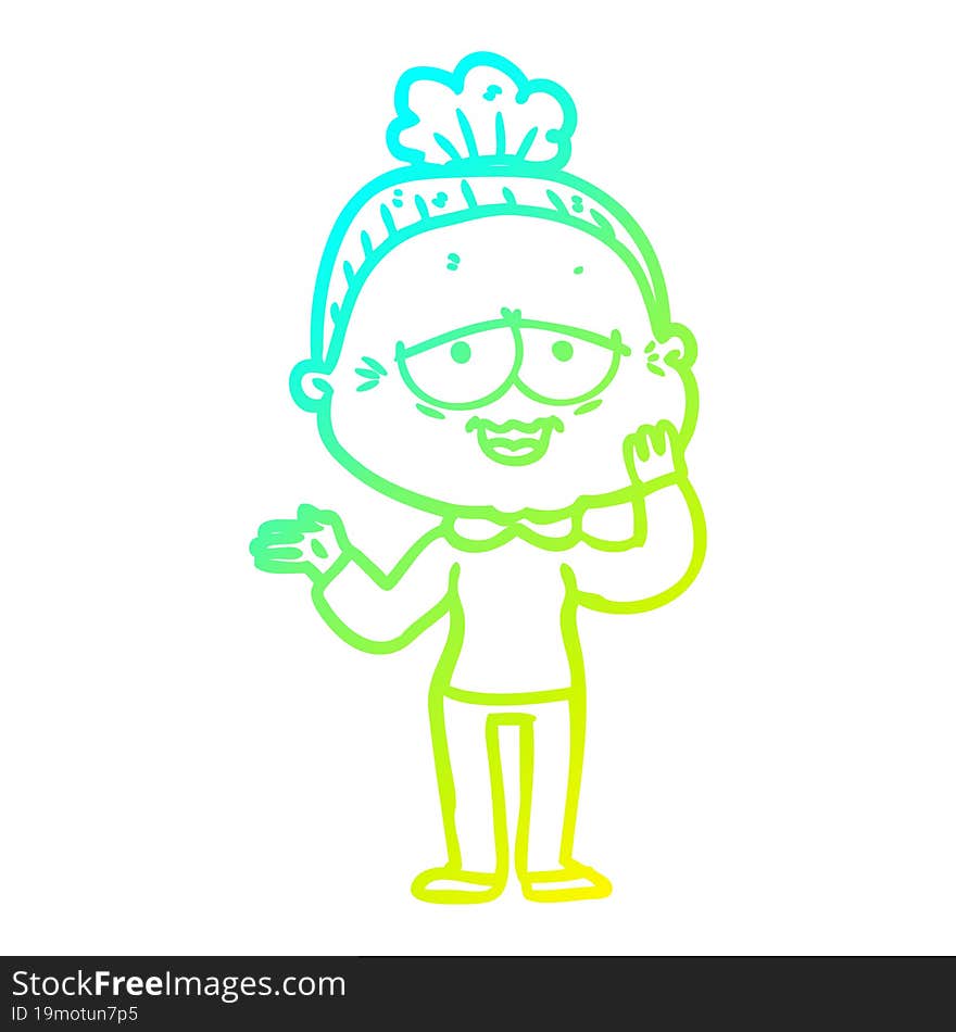 cold gradient line drawing cartoon happy old lady