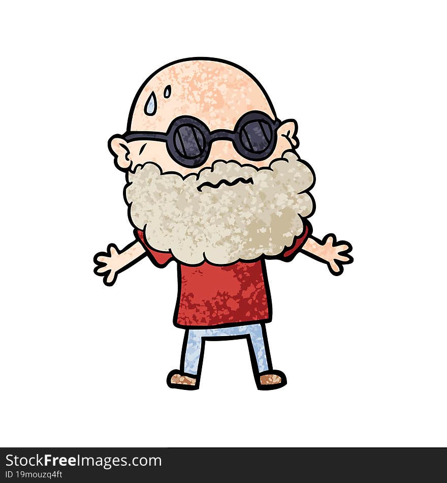 cartoon worried man with beard and sunglasses. cartoon worried man with beard and sunglasses