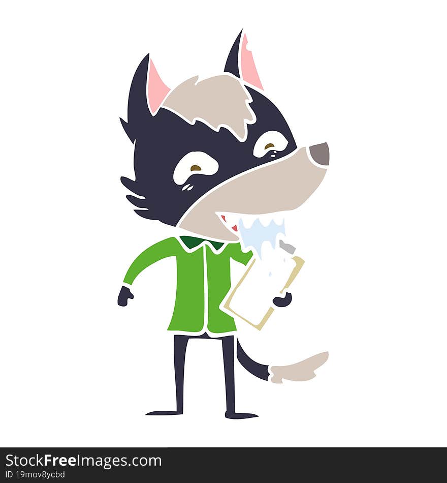 flat color style cartoon hungry wolf with clip board