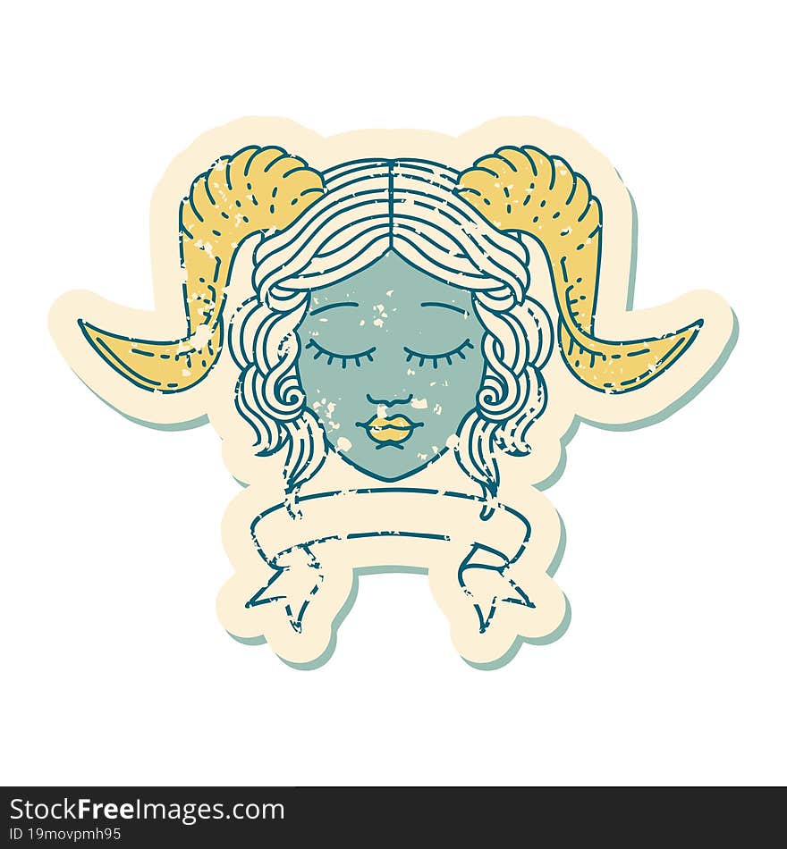 Retro Tattoo Style tiefling character face with scroll banner. Retro Tattoo Style tiefling character face with scroll banner