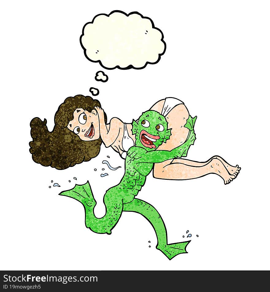 Cartoon Swamp Monster Carrying Girl In Bikini With Thought Bubble