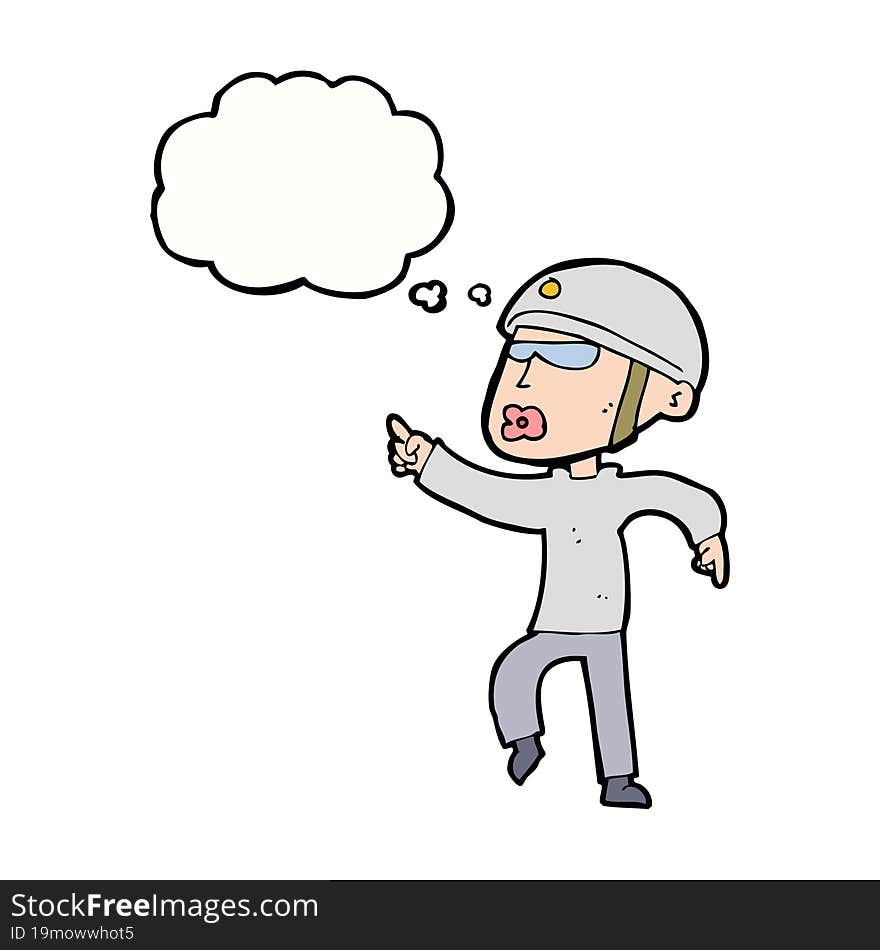 Cartoon Man In Bike Helmet Pointing With Thought Bubble