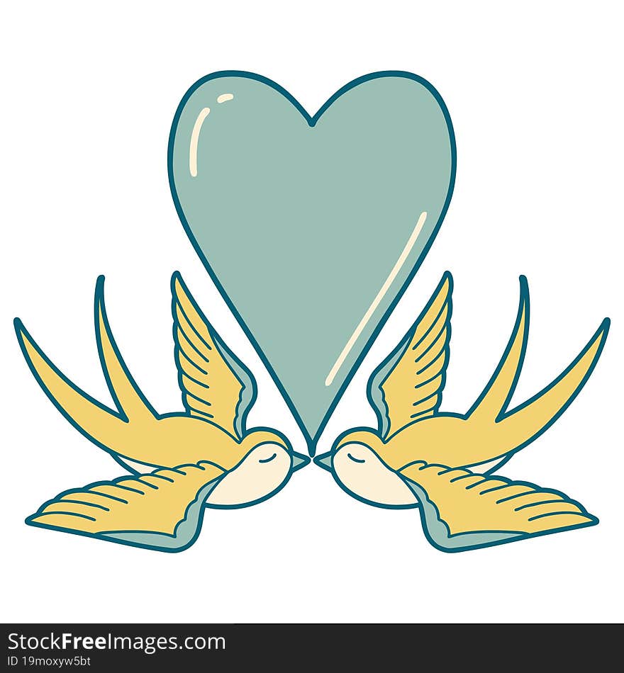 iconic tattoo style image of swallows and a heart. iconic tattoo style image of swallows and a heart