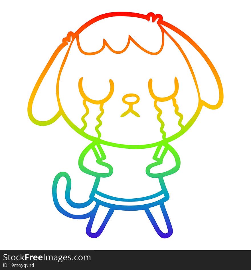 rainbow gradient line drawing of a cute cartoon dog crying