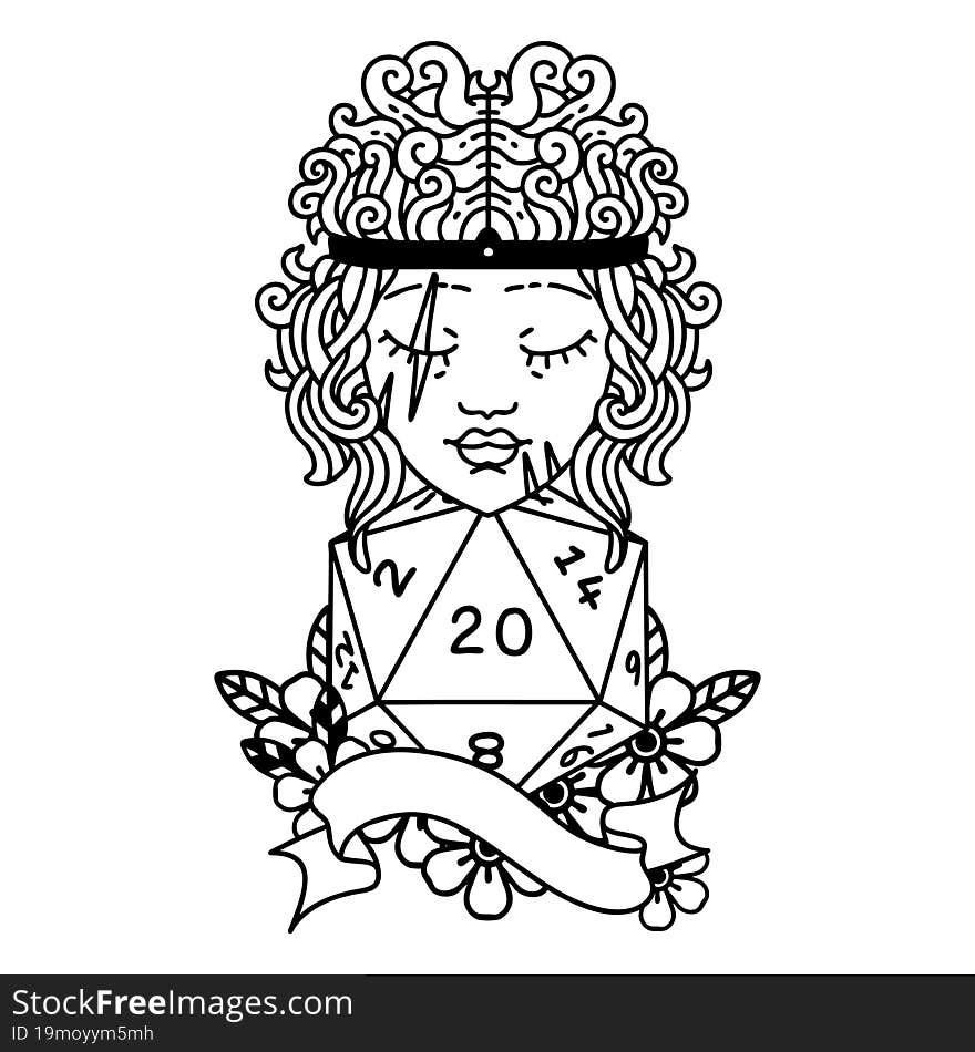 Black and White Tattoo linework Style human barbarian with natural 20 dice roll. Black and White Tattoo linework Style human barbarian with natural 20 dice roll