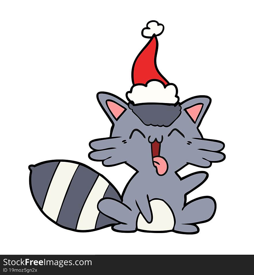 cute line drawing of a raccoon wearing santa hat