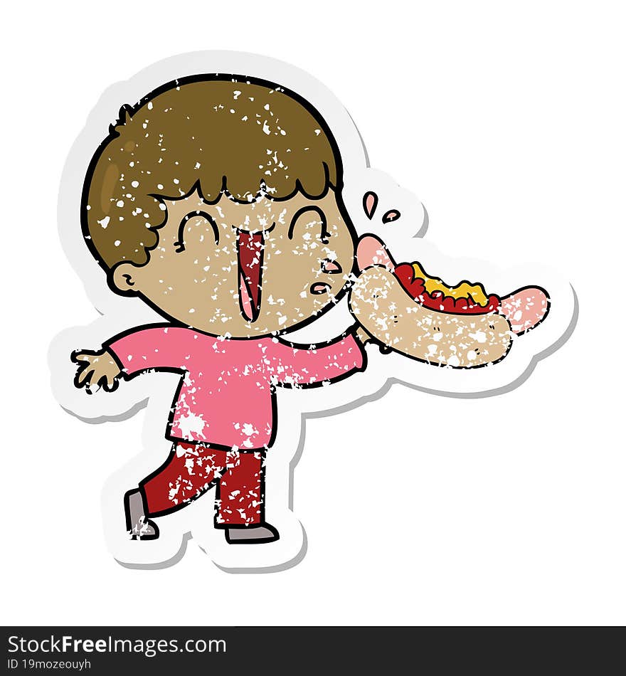 Distressed Sticker Of A Laughing Cartoon Man Eating Hot Dog