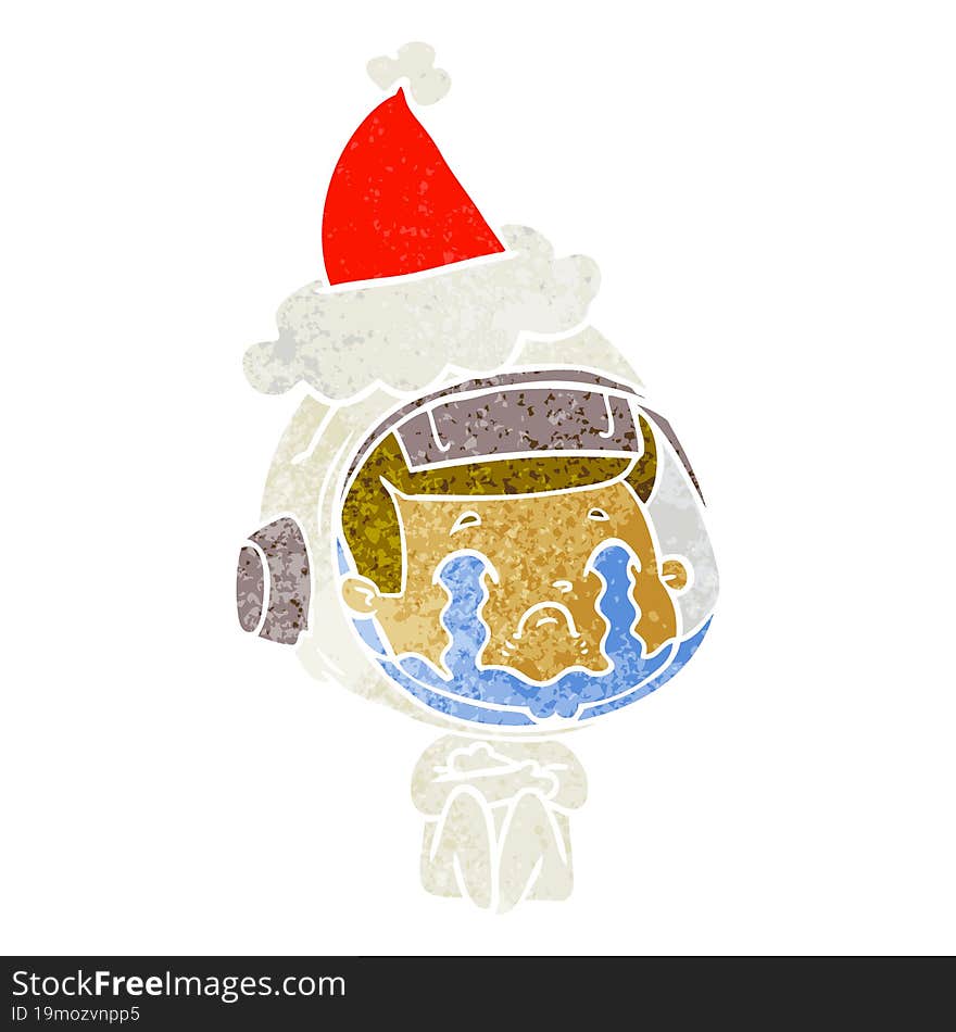 retro cartoon of a crying astronaut wearing santa hat