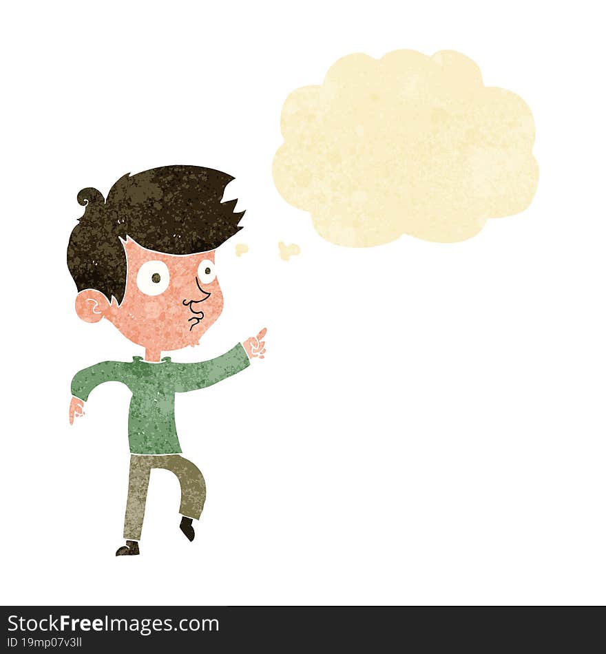 cartoon pointing boy with thought bubble