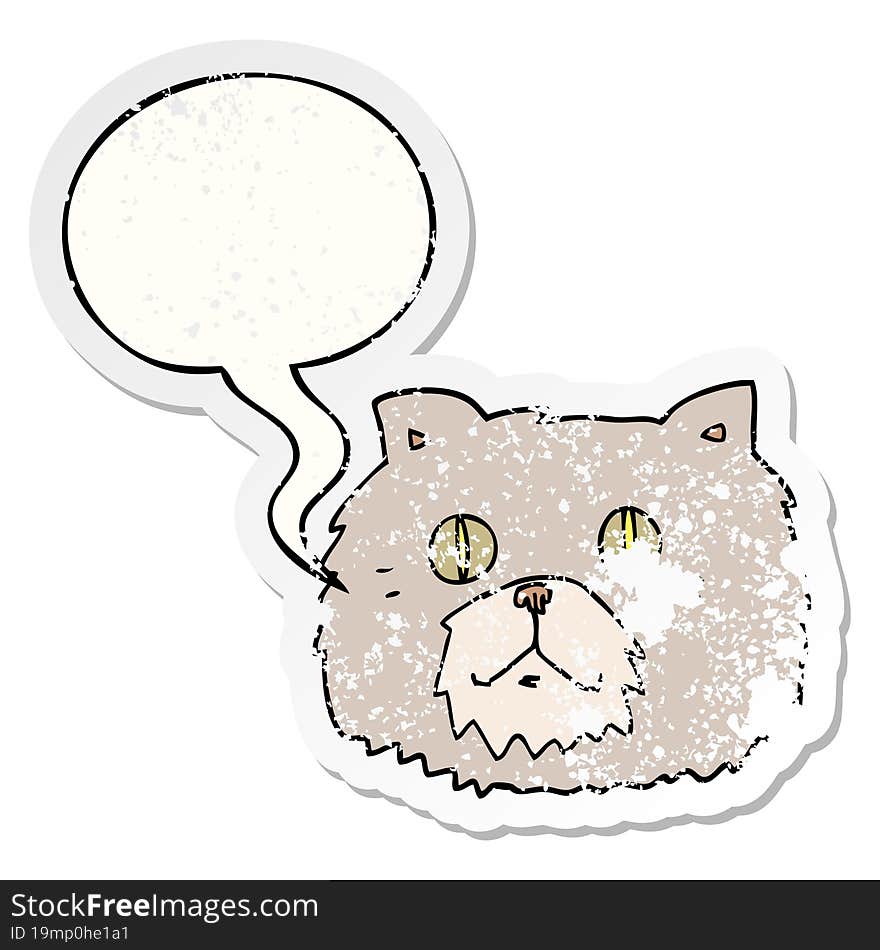 cartoon cat face and speech bubble distressed sticker