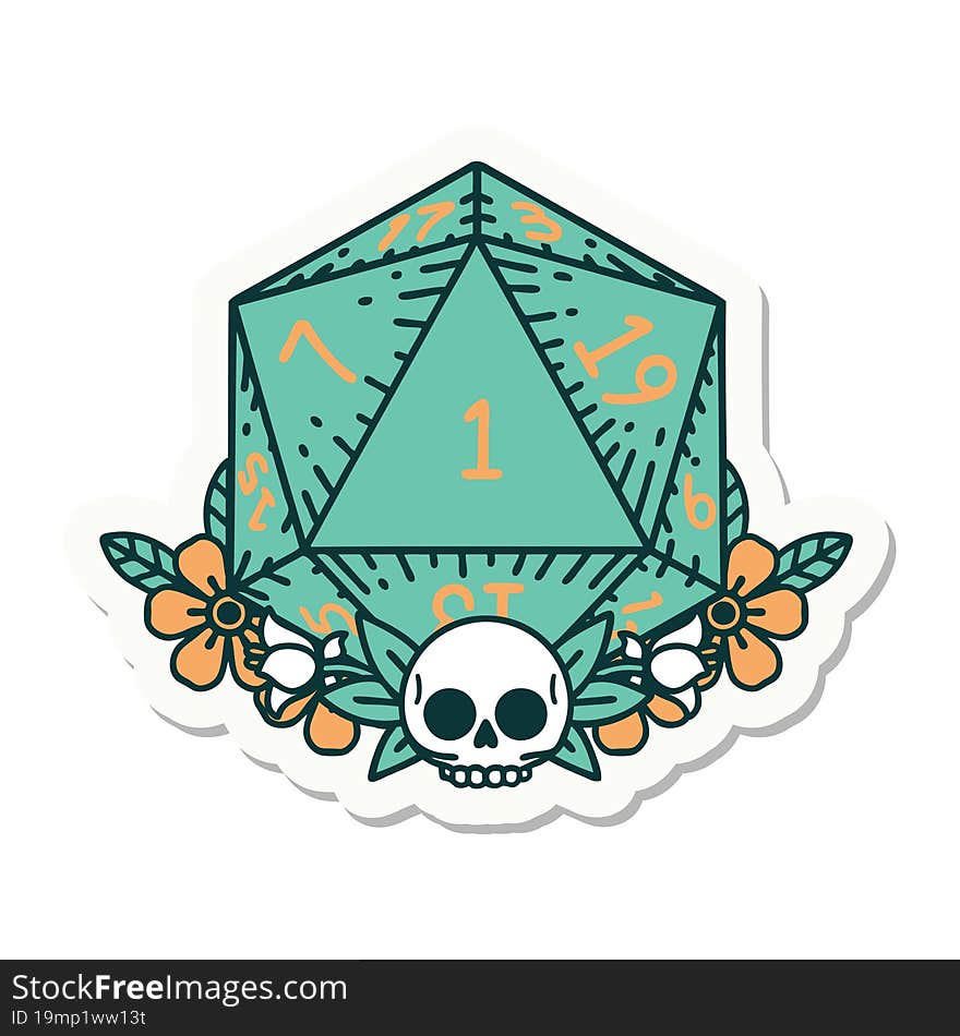 sticker of a natural one dice roll with floral elements. sticker of a natural one dice roll with floral elements