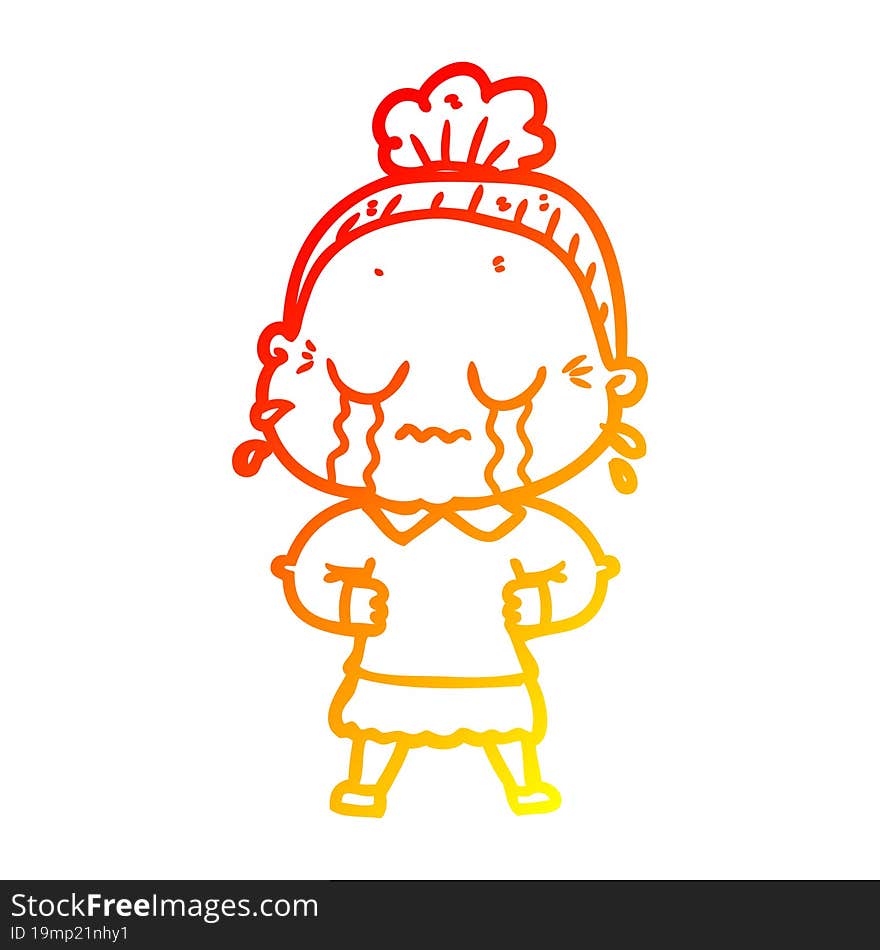 warm gradient line drawing cartoon crying old lady