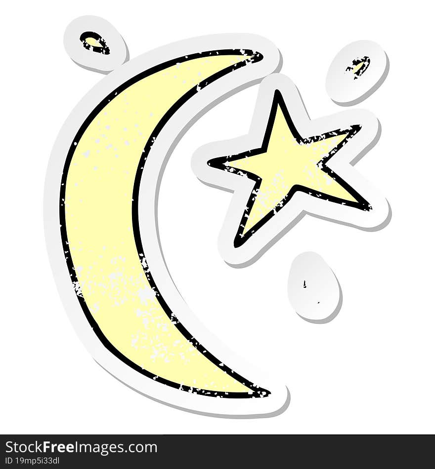 distressed sticker cartoon doodle of the moon and a star