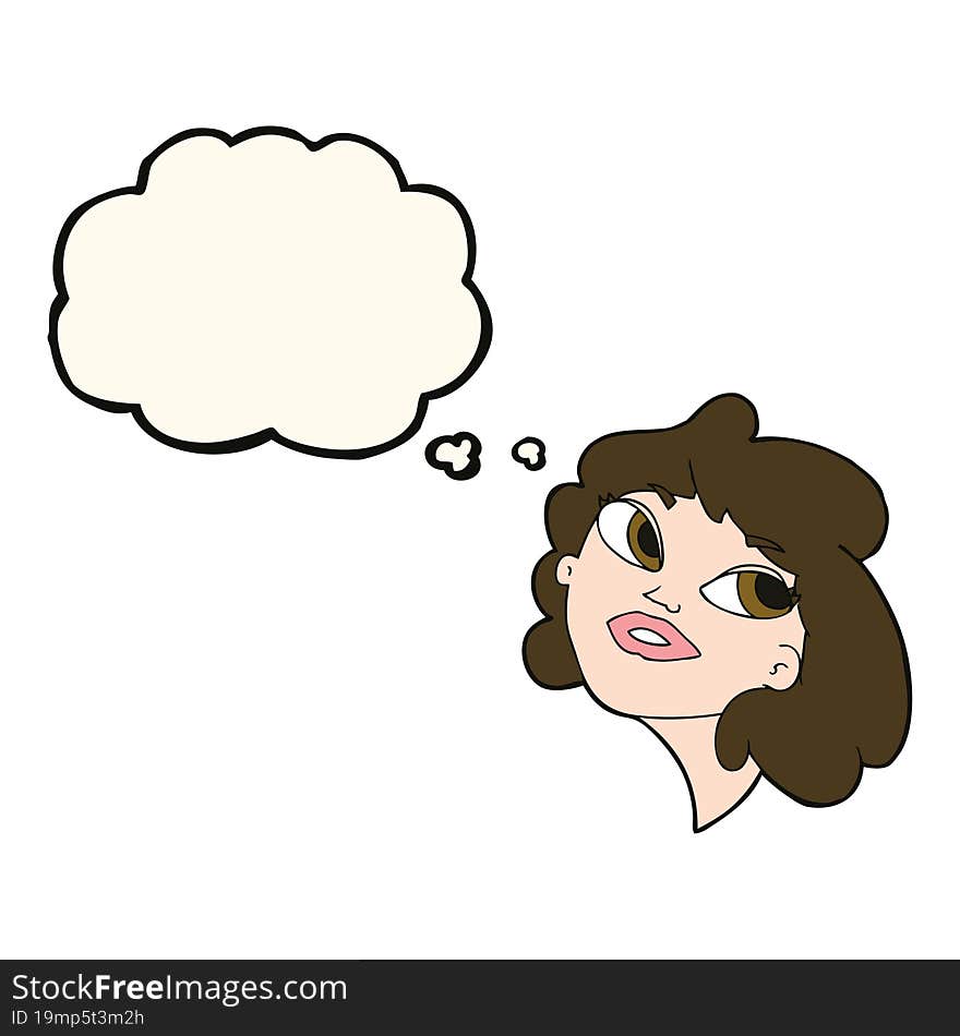 cartoon happy woman with thought bubble