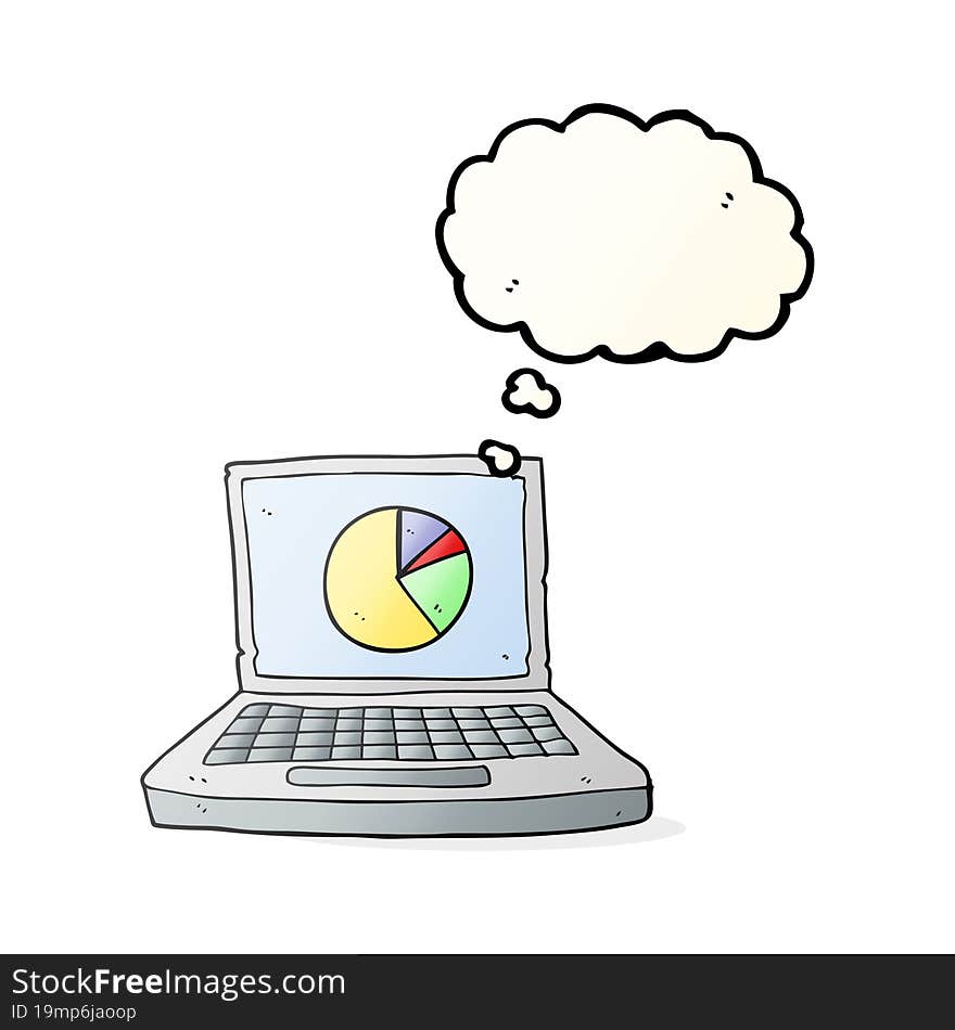 freehand drawn thought bubble cartoon laptop computer with pie chart