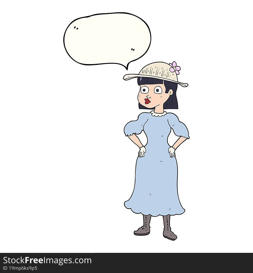 freehand drawn speech bubble cartoon woman in sensible dress