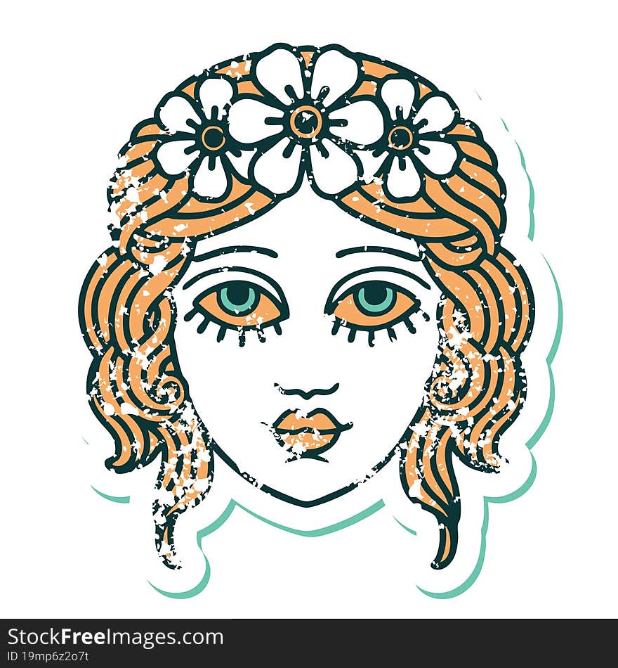 distressed sticker tattoo style icon of female face with crown of flowers