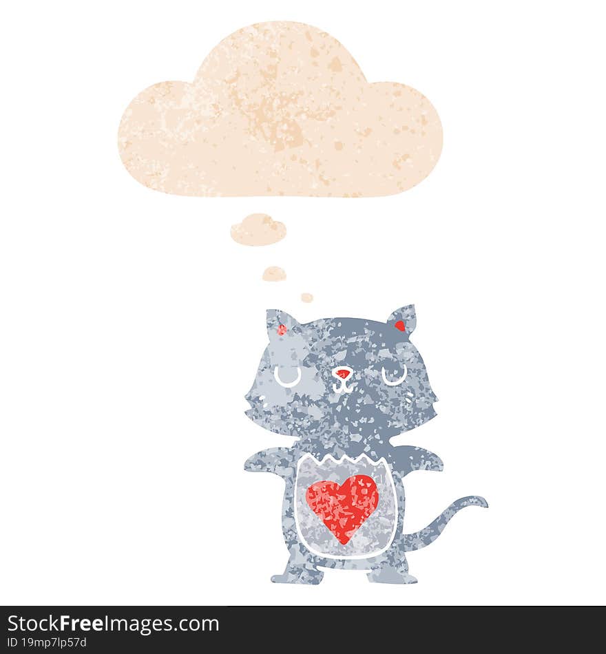 cute cartoon cat and thought bubble in retro textured style