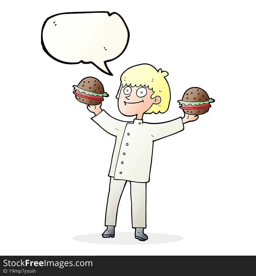 freehand drawn speech bubble cartoon chef with burgers