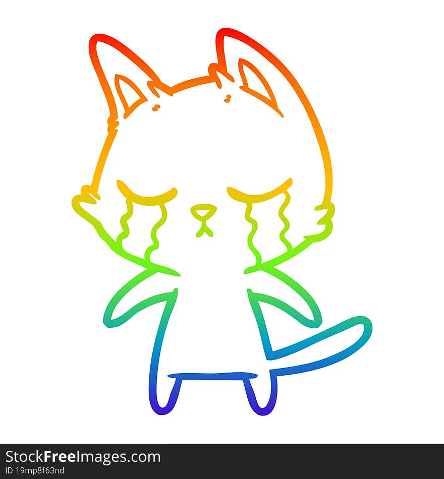 rainbow gradient line drawing of a crying cartoon cat