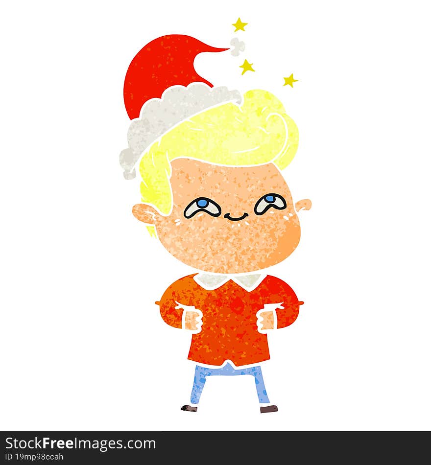 retro cartoon of a excited man wearing santa hat