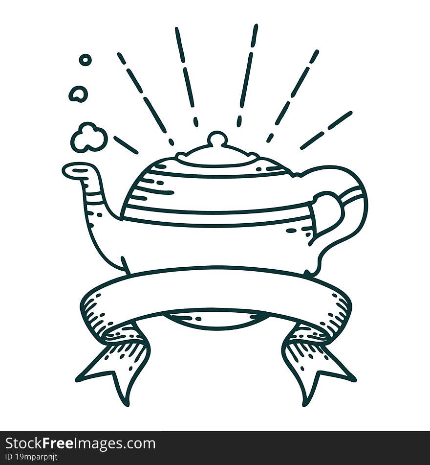 Banner With Tattoo Style Steaming Teapot