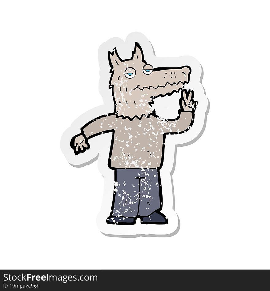 Retro Distressed Sticker Of A Cartoon Happy Wolf Man