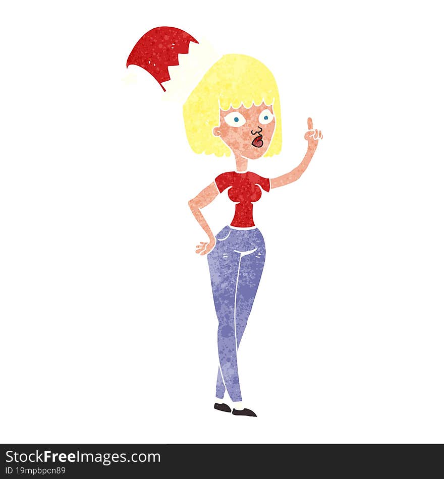 Retro Cartoon Woman Wearing Christmas Hat