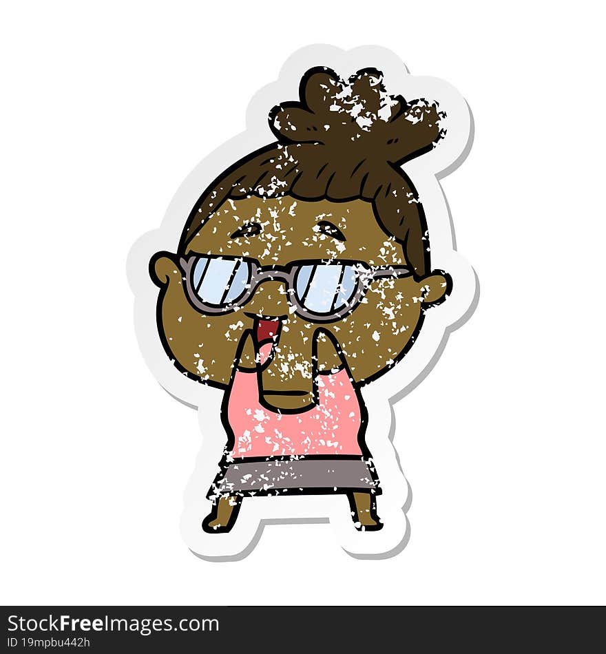 distressed sticker of a cartoon happy woman wearing spectacles