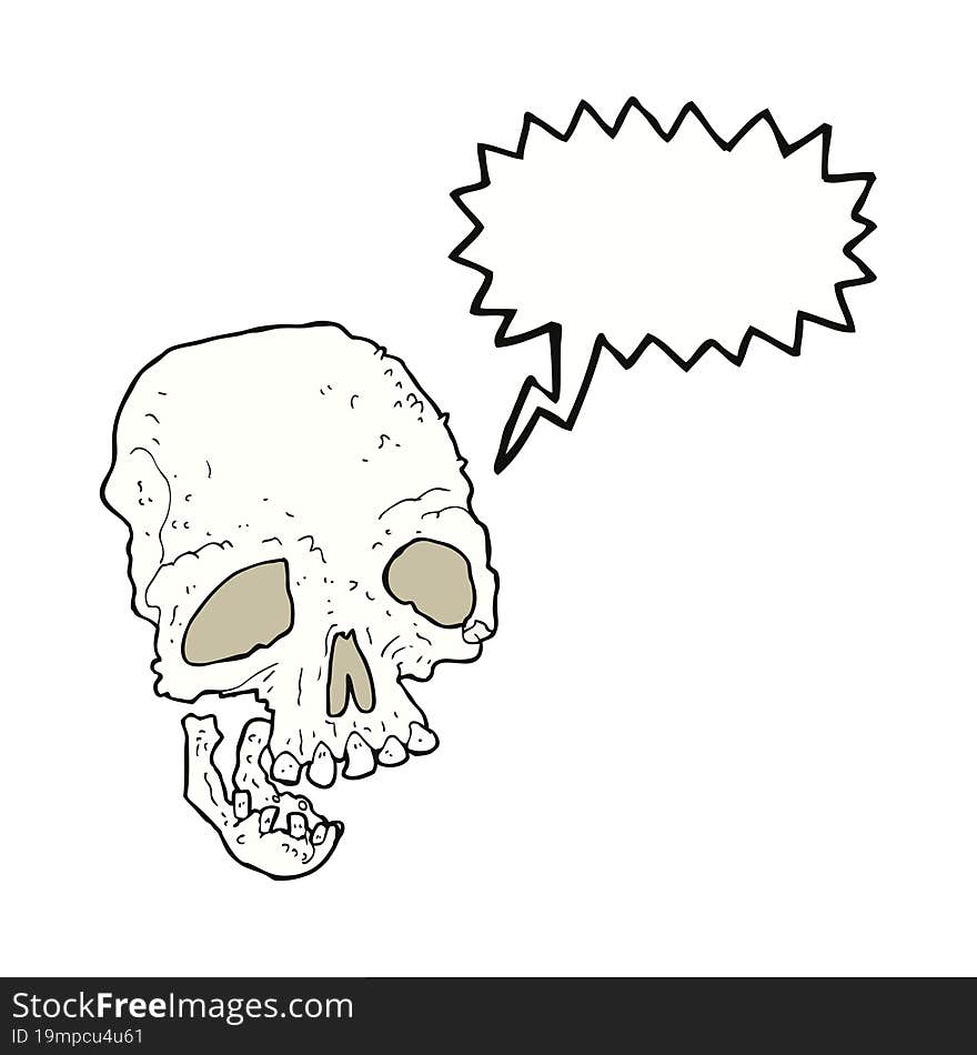 cartoon ancient spooky skull with speech bubble