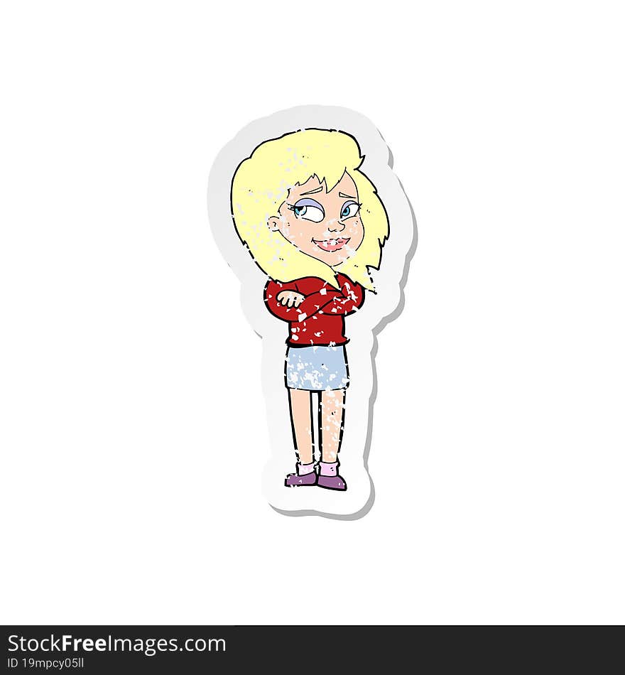 Retro Distressed Sticker Of A Cartoon Woman With Crossed Arms