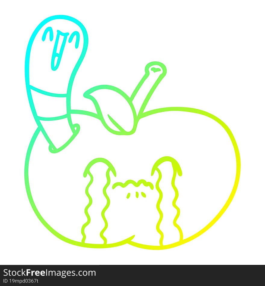 cold gradient line drawing of a cartoon worm eating an apple