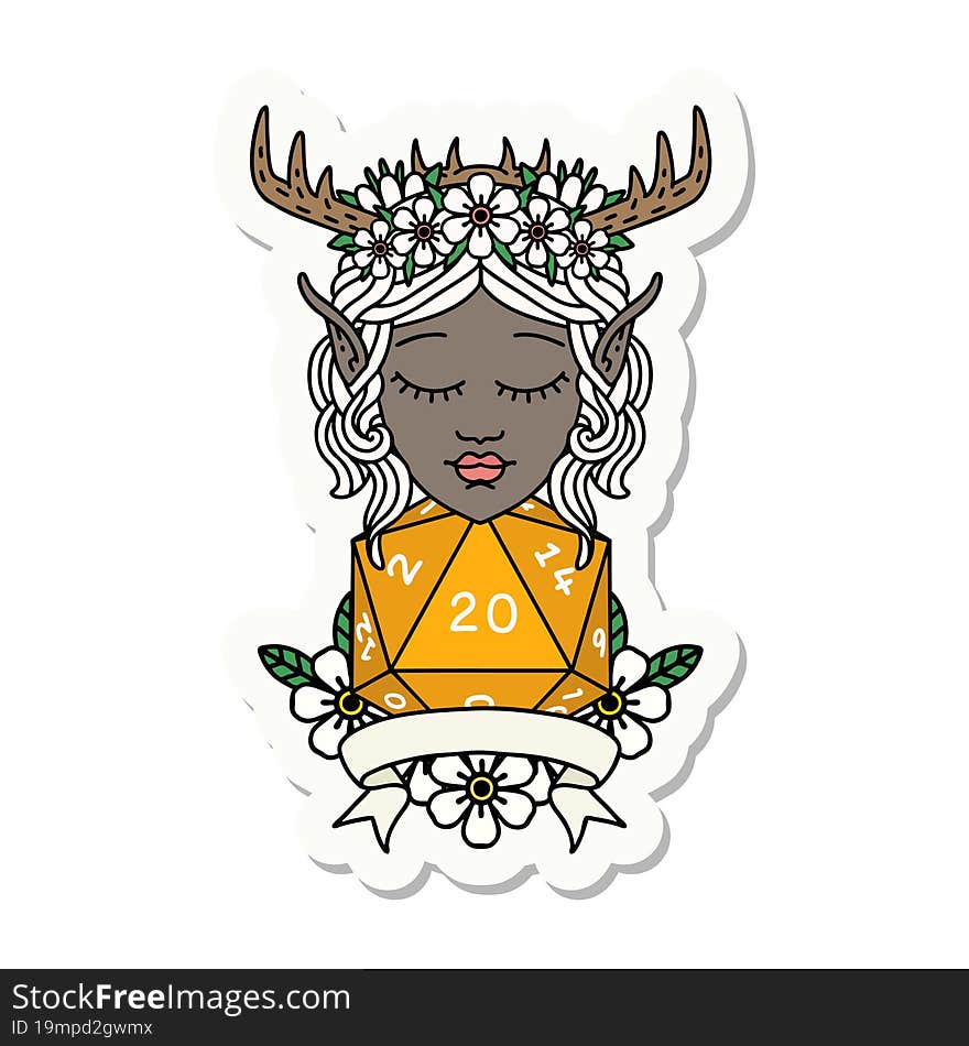 elf druid character with natural 20 dice roll sticker