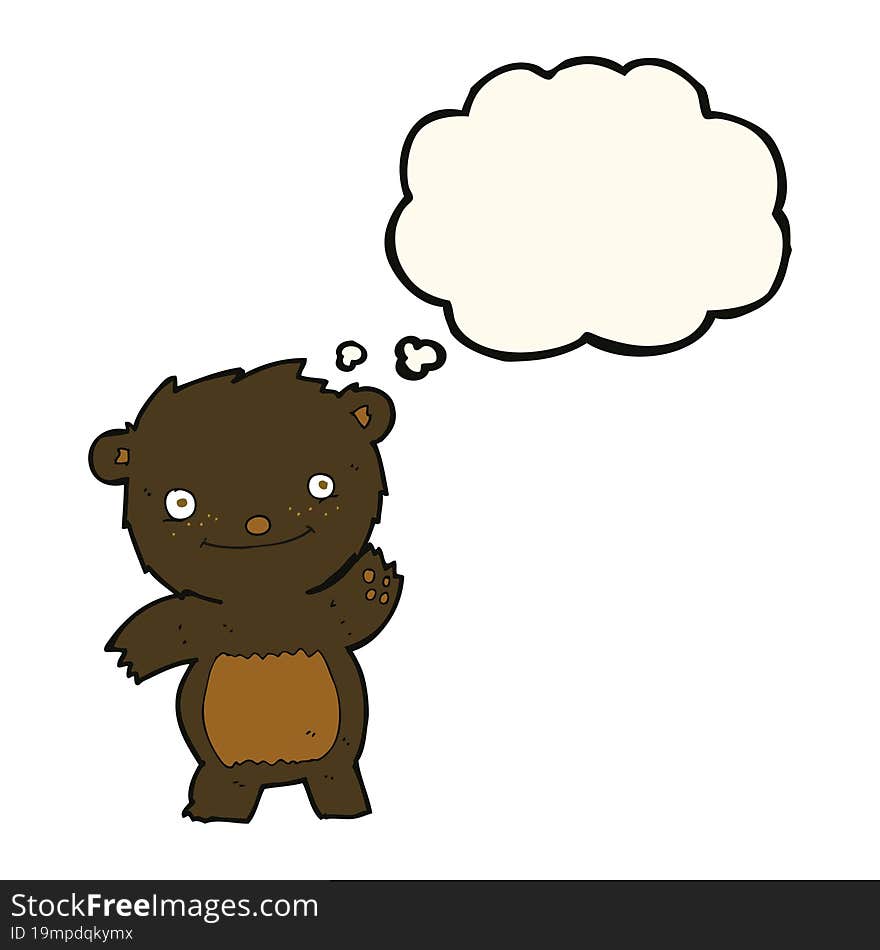 cartoon waving black bear cub with thought bubble