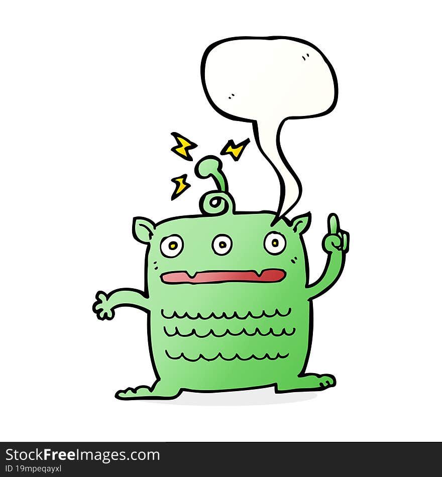 cartoon weird little alien with speech bubble