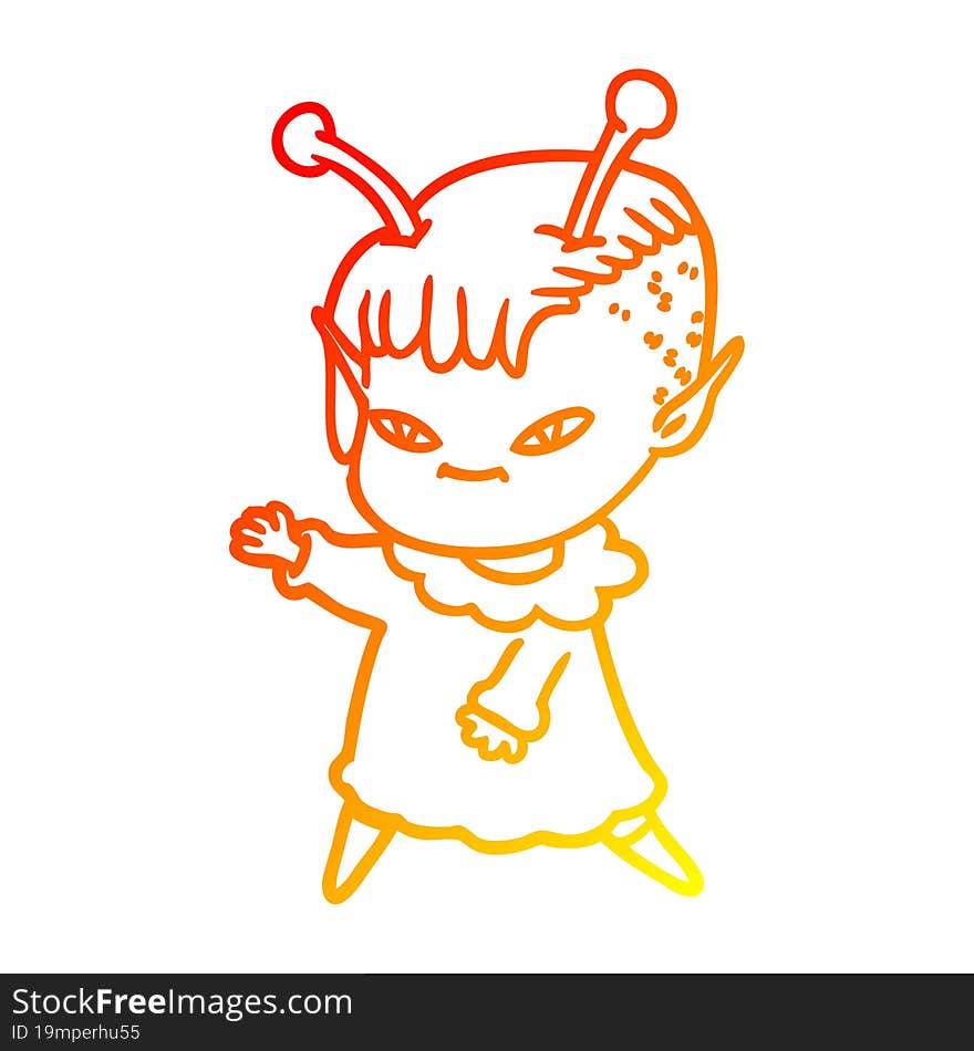 warm gradient line drawing of a cute cartoon alien girl