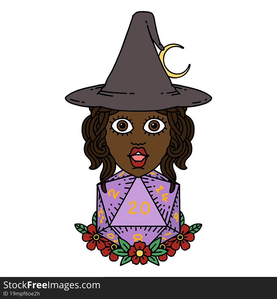 human witch with natural twenty dice roll illustration