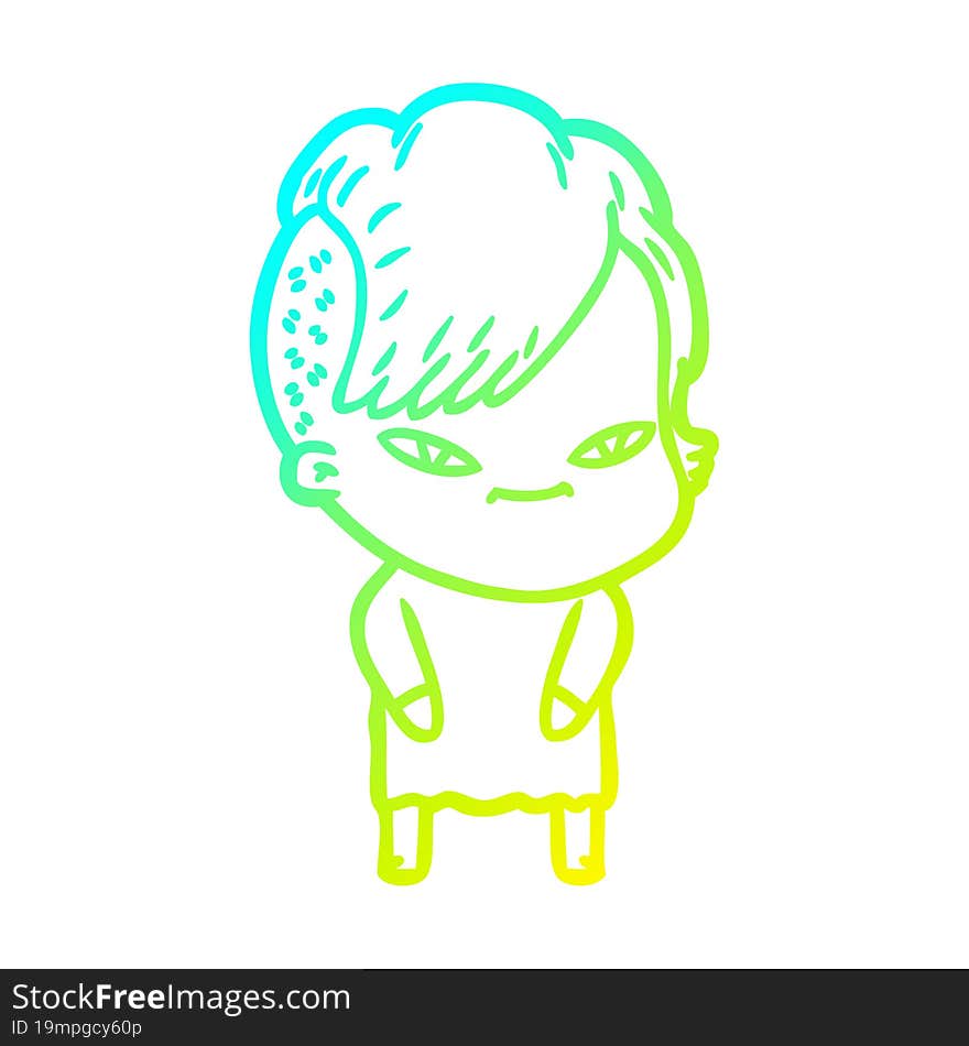 cold gradient line drawing cute cartoon girl with hipster haircut